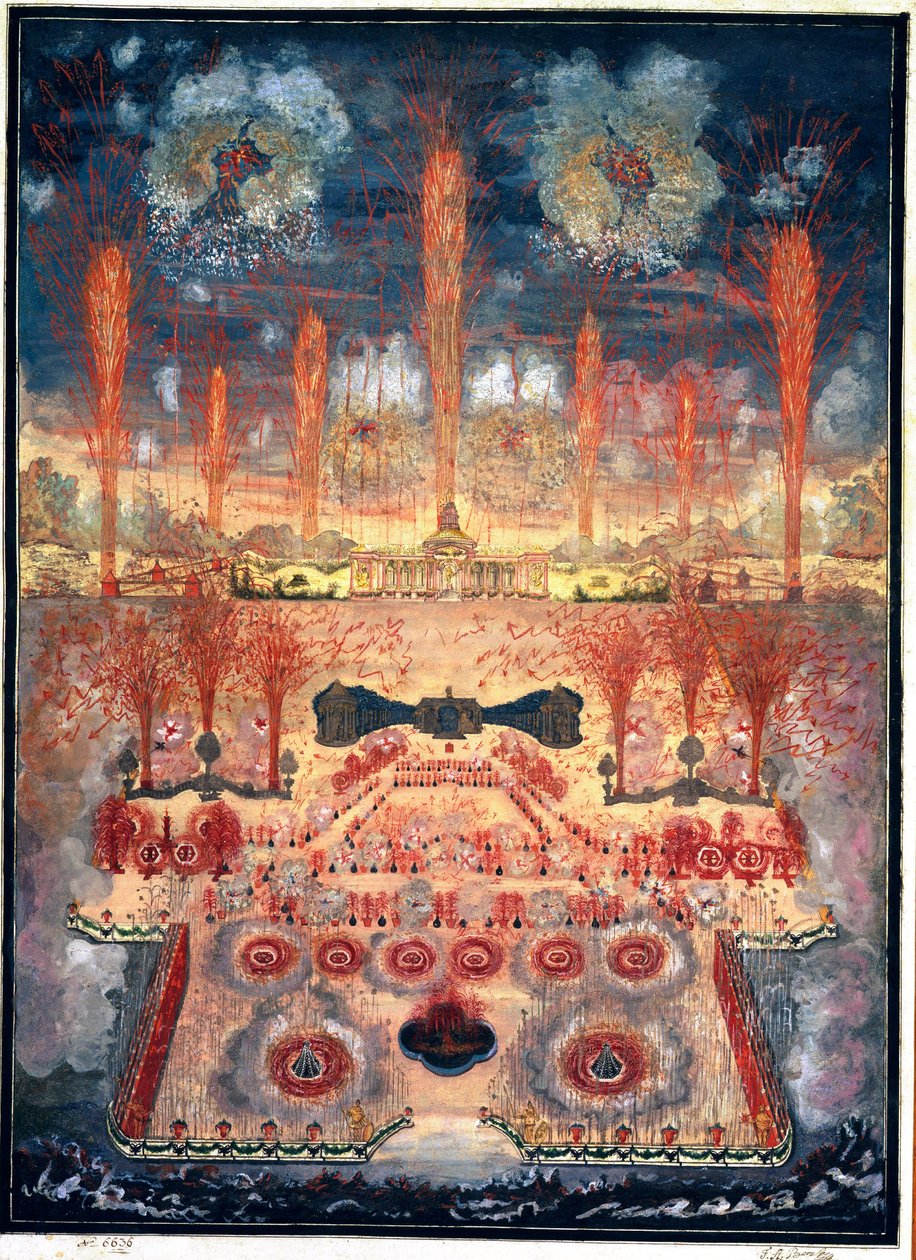 Vuurwerk en verlichting op 16 juni 1744 in Moskou (Rusland). Anoniem werk, aquarel en gouache op karton, midden 18e eeuw. Rococo kunst. State History Museum, Moskou door Unknown artist