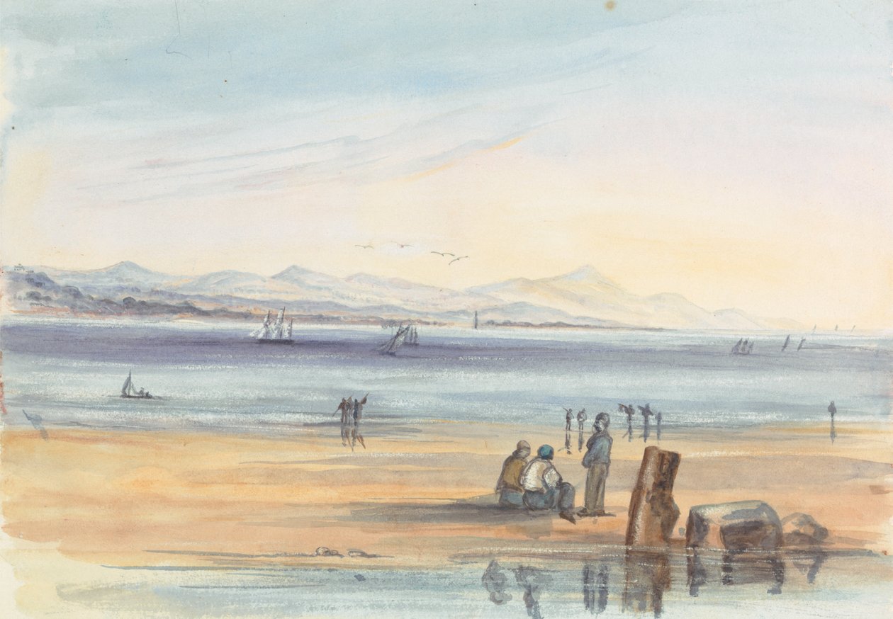 Figuren op een strand met bergen in de verte door Unknown artist