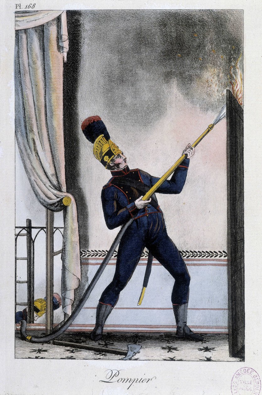 Brandweerman met waterlans, blust een brand - ca. 1830 door Unknown artist