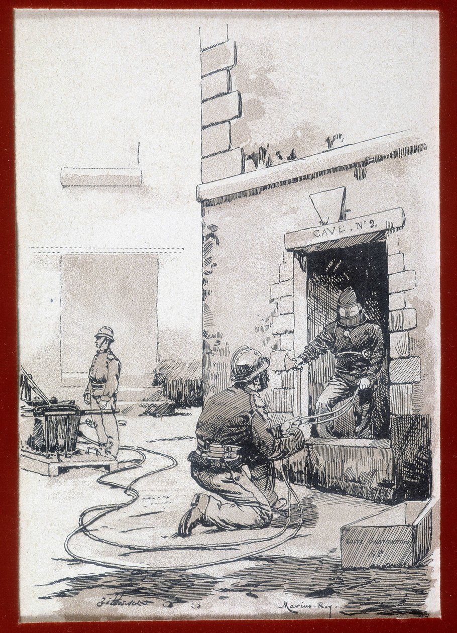 Brandweerlieden: brandapparatuur uit kelders. gravure 19e eeuw door Unknown artist
