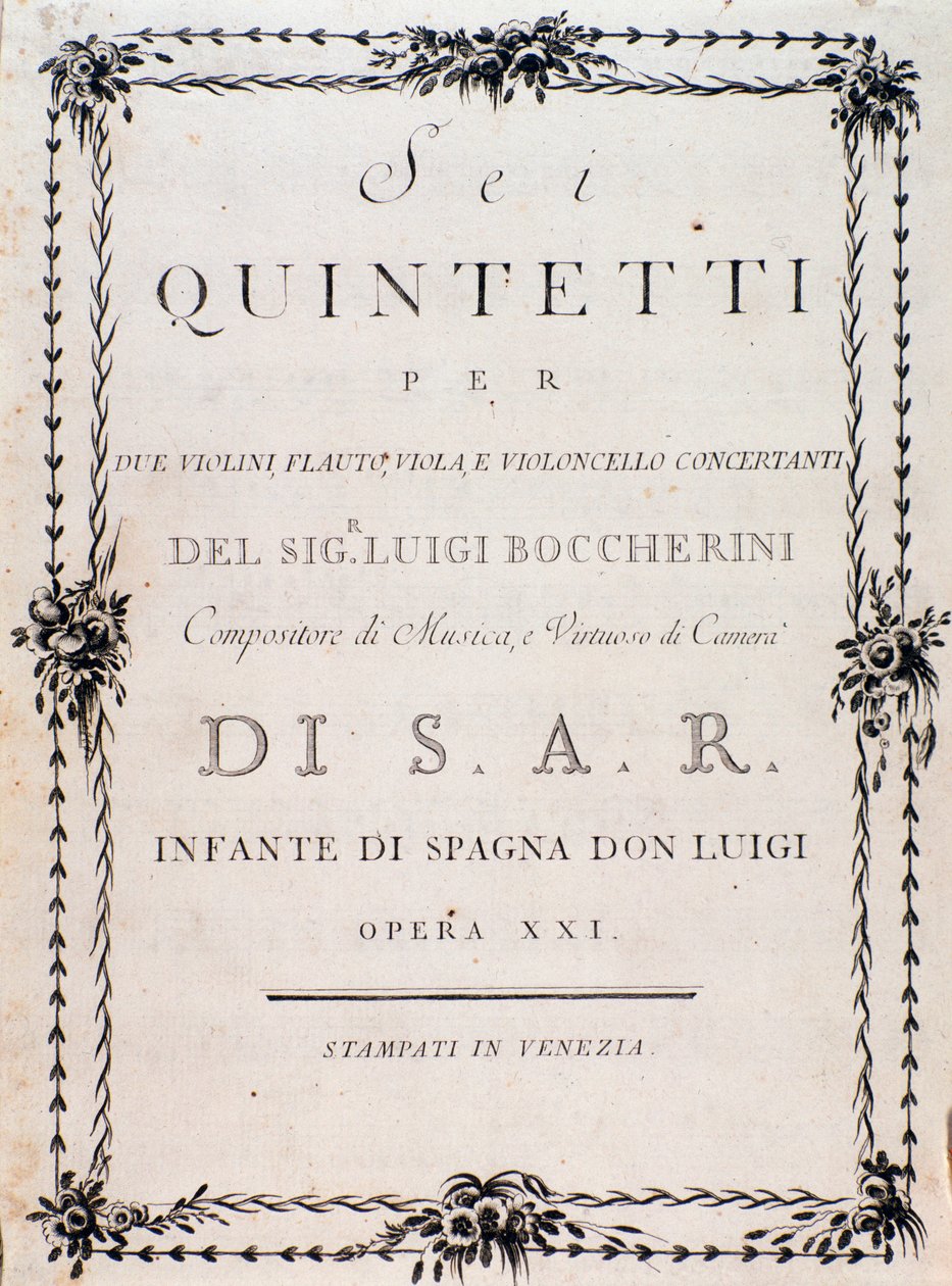 Eerste pagina van de partituur van "Sei quintetti per due violini flauto viola e violoncello" door Luigi Boccherini door Unknown artist