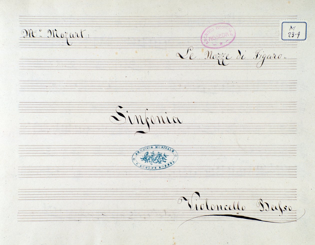Eerste pagina van partituur voor de cello in Le nozze di Figaro, opera door Mozart (19e eeuw) door Unknown artist