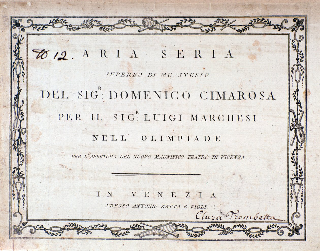 Eerste pagina van de partituur van Aria Seria door Domenico Cimarosa door Unknown artist