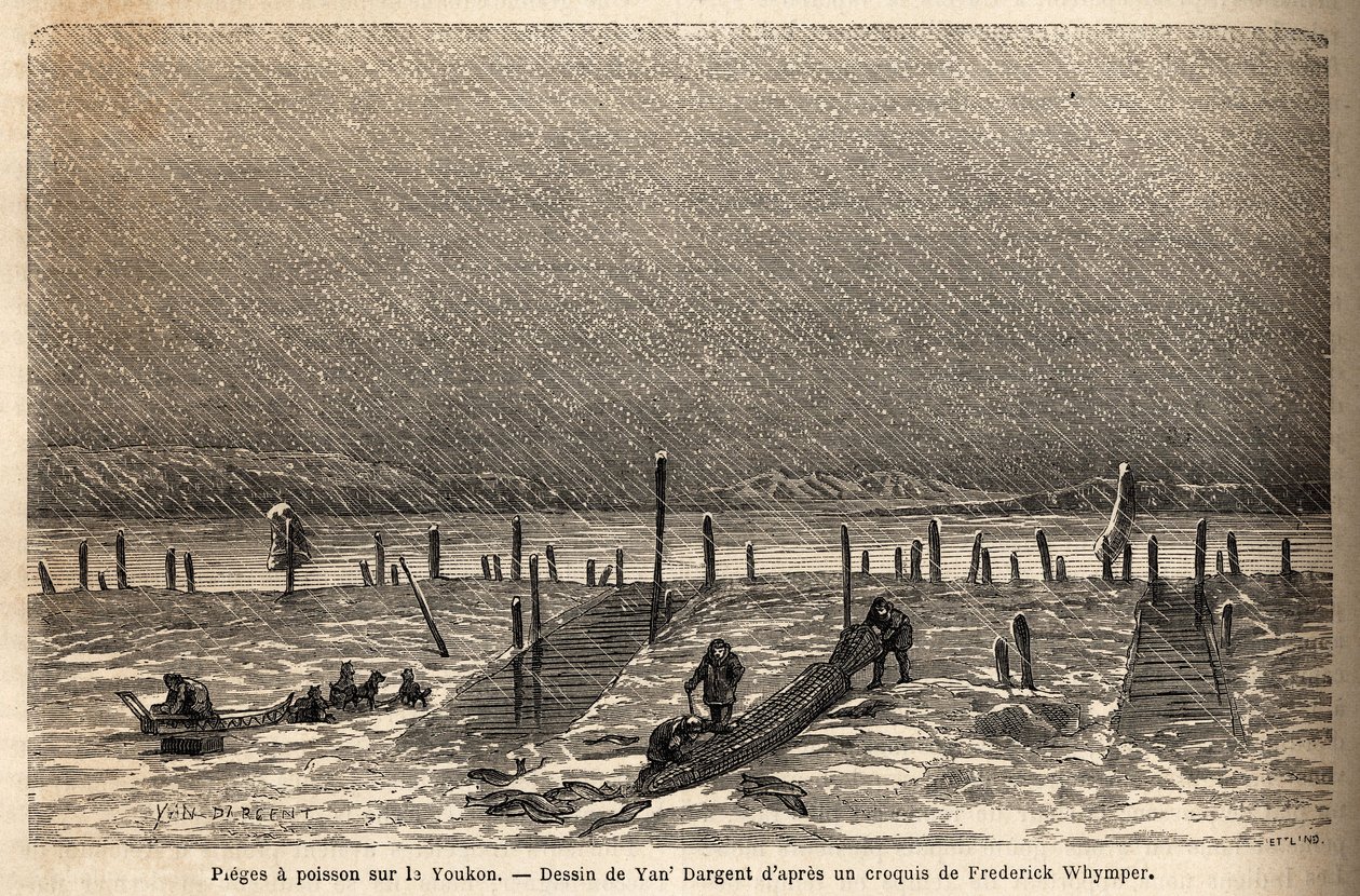 Visvallen, geplaatst op de oevers van de Yukon-rivier (extreem noordelijk Canada). Gravure ter illustratie van de reis en avonturen in Engels Colombia, Vancouver Island en Alaska, door Frederick Whymper door Unknown artist