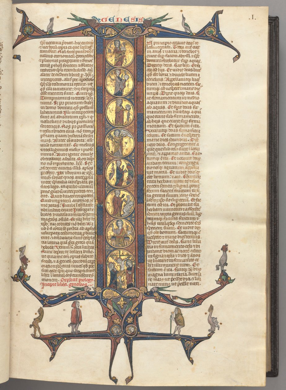 Fol. 1r, Genesis, met een over de hele lengte geschilderde initiaal I, waarop de schepping en de kruisiging zijn afgebeeld, alles op gepolijste goudkleurige ondergrond, met roze en blauwe diapered lijsten en gekartelde draak- en loofverlengingen boven en o door Unknown artist