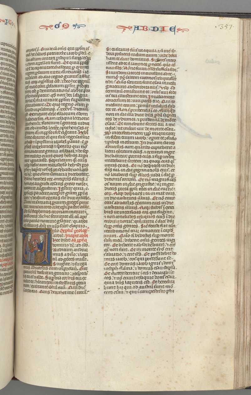 Fol. 357r, Obadja, historiated initiaal V, Obadja en een Jood in discussie door Unknown artist