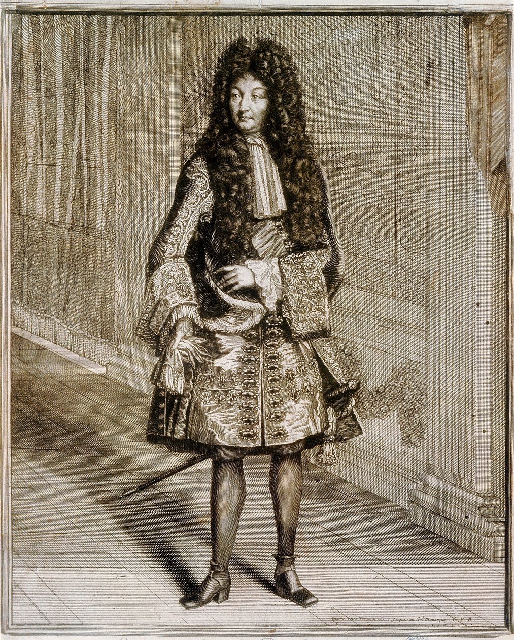 Voetportret van koning Lodewijk XIV, bekend als de Zonnekoning (1638-1715). 18e-eeuwse gravure. Nationale Bibliotheek van Madrid. door Unknown artist