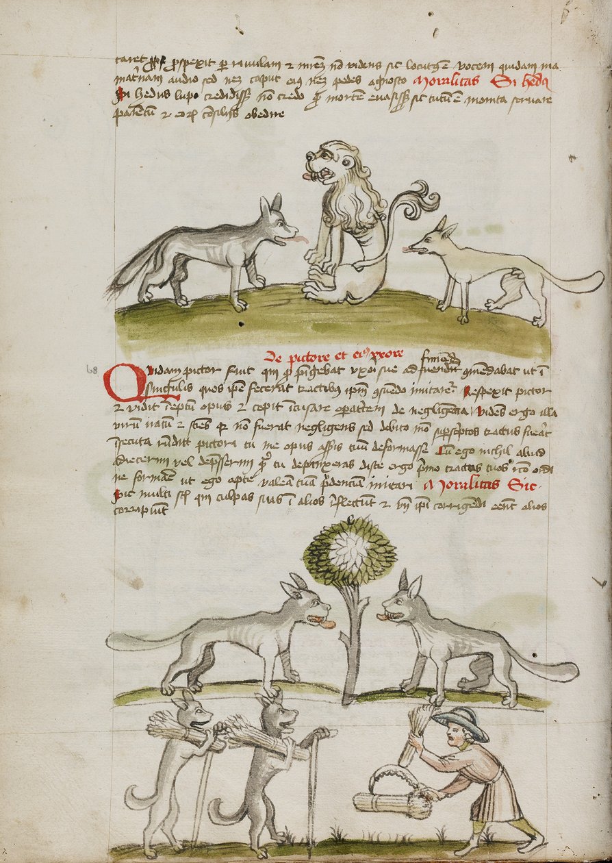 Vos en wolf voor een leeuw; twee wolven onder een boom die balen tarwe slepen; een boer die schoven tarwe bundelt door Unknown artist