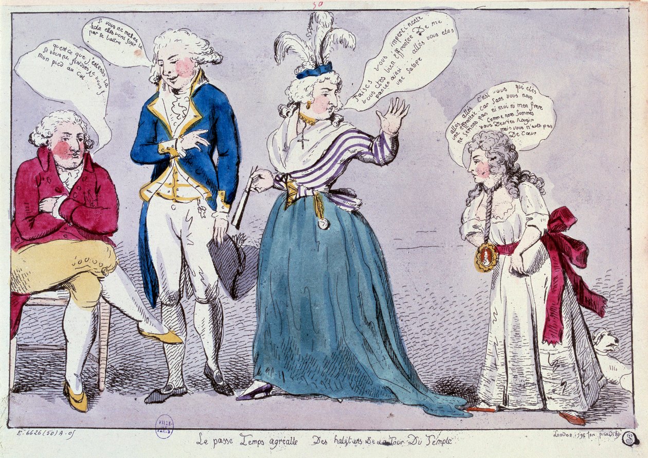 Franse Revolutie: Cartoon tegen de familie van koningin Marie Antoinette (1755-1793) en Lodewijk XVI opgesloten in de Tempelgevangenis. De koningin en de zus van de koning, Madame Elisabeth, ruziën onder het oog van de koning. Hun woorden zijn geschreven i door Unknown artist