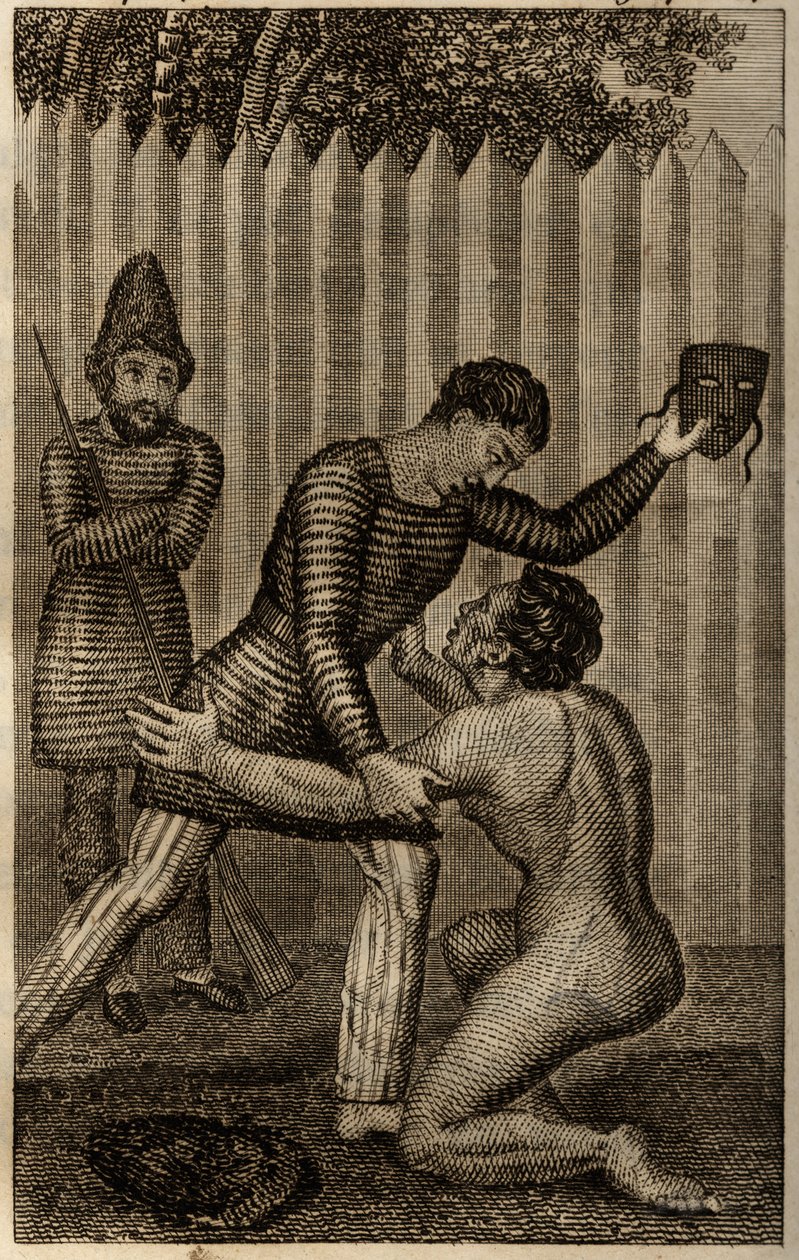 Vrijdag wordt in de armen van Robinson Crusoe geworpen, gravure ingevoegd in "De avonturen van Robinson Crusoe" door Daniel Defoe door Unknown artist