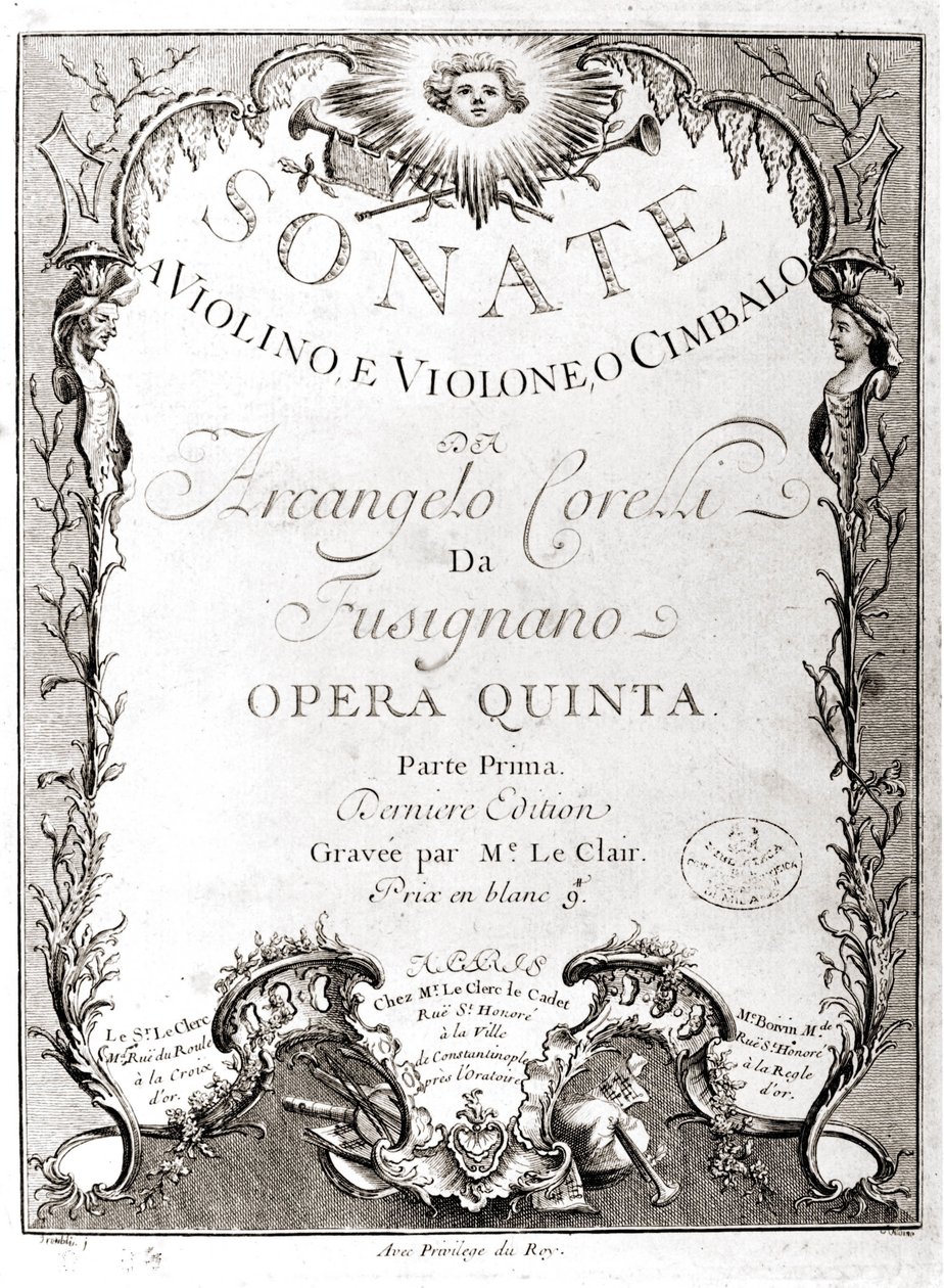 Frontispice van 12 sonates voor viool, bas en klavecimbel door Arcangelo Corelli (Franse versie) door Unknown artist
