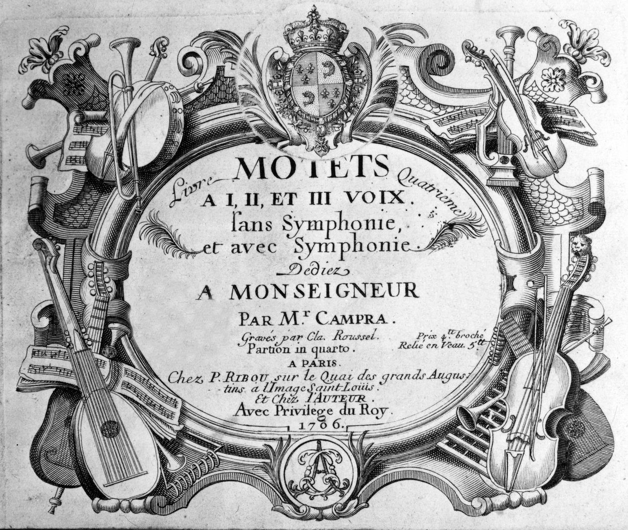 Frontispice van de partituur van het vierde boek motetten door André Campra. 1706 door Unknown artist