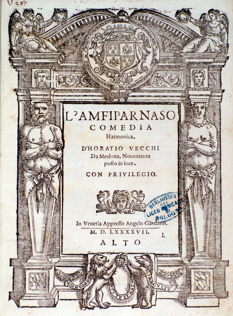 Frontispice van Amfiparnaso madrigaal komedie door Orazio Vecchi door Unknown artist