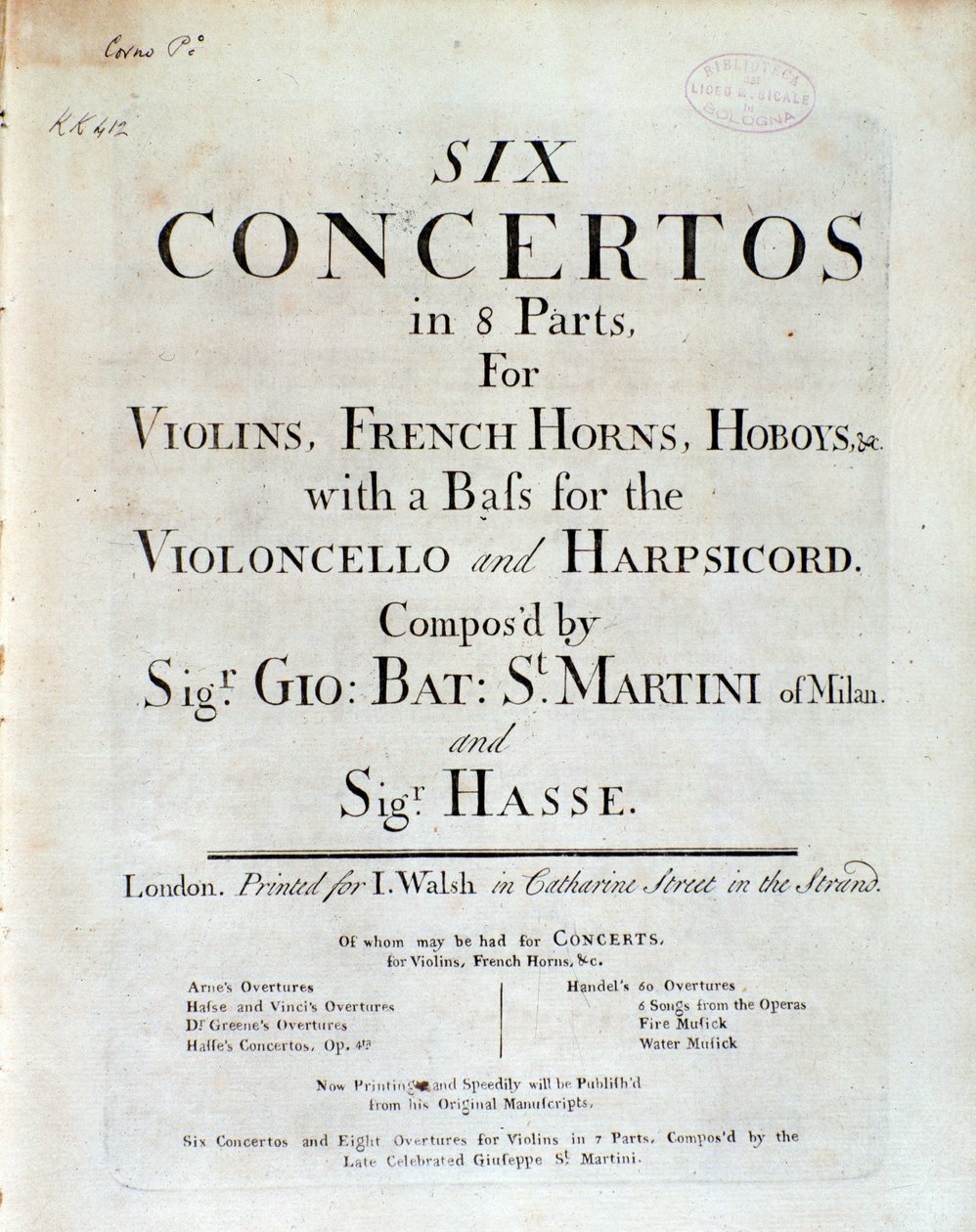 Frontispice van muziekpartituur van Zes concerten in 8 delen door Unknown artist