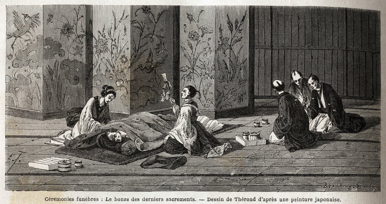 Begrafenisceremonies: de monnik van de laatste sacramenten. Gravure ter illustratie van de reis naar Japan in 1863-1864, door Aimé Humbert, minister van de Zwitserse Confederatie, in 