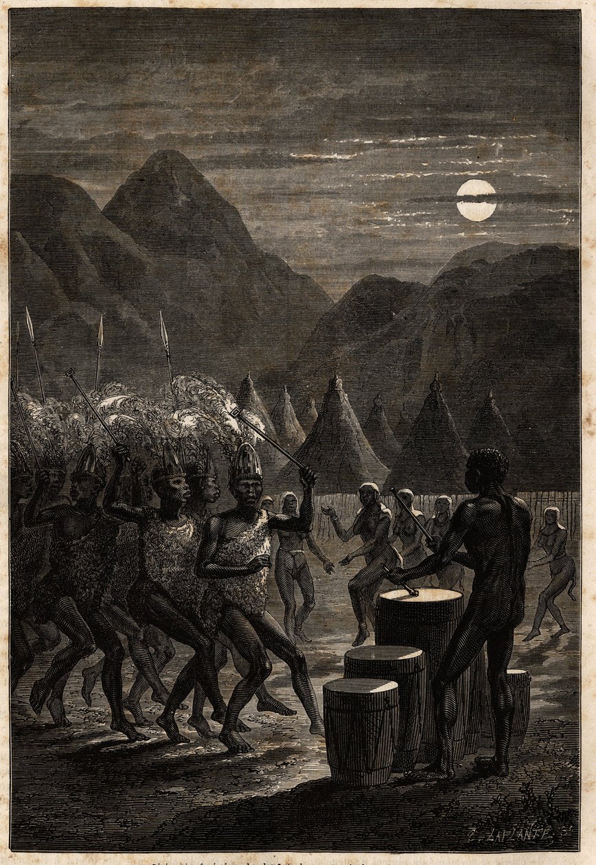 Begrafenisceremonie onder de Lakutas (stam in de regio van de Boven-Nijl), trommels en rituele dansen in het maanlicht. Gravure om de reis naar het Albertmeer van 1861-1864 te illustreren, door Sir Samuel White Baker, in 