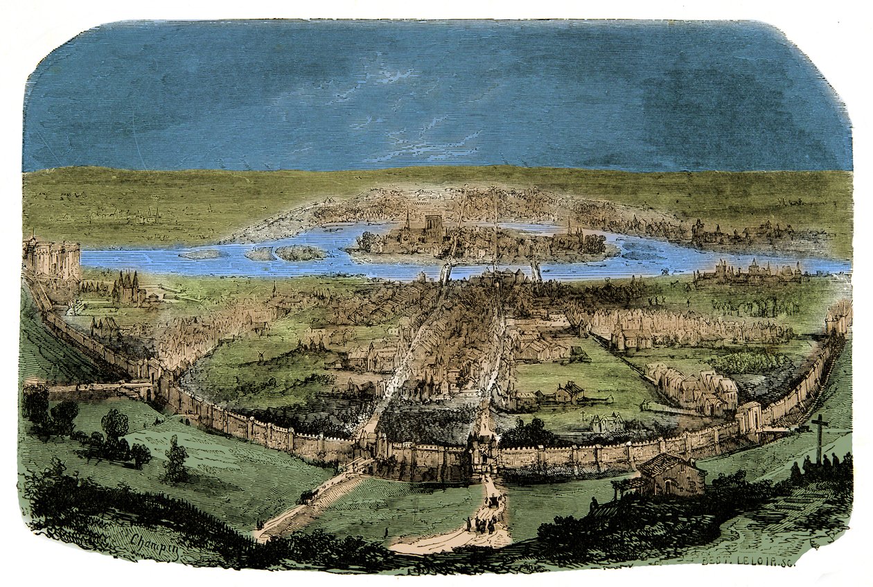 Algemeen overzicht van Parijs met de omheining onder Filips Augustus, gravure 19e eeuw door Unknown artist