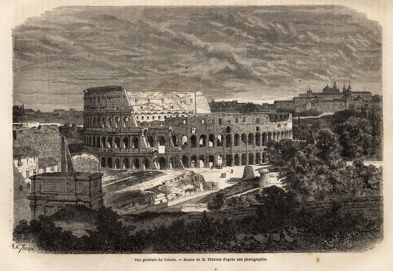 Algemeen zicht op het Colosseum, in Rome, Flavisch amfitheater voltooid in 80, onder het bewind van keizer Titus, met plaats voor maximaal 75.000 mensen, het bleef in gebruik tot de 6e eeuw, symbool van het keizerlijke Rome, gelegen ten oosten van het Rome door Unknown artist