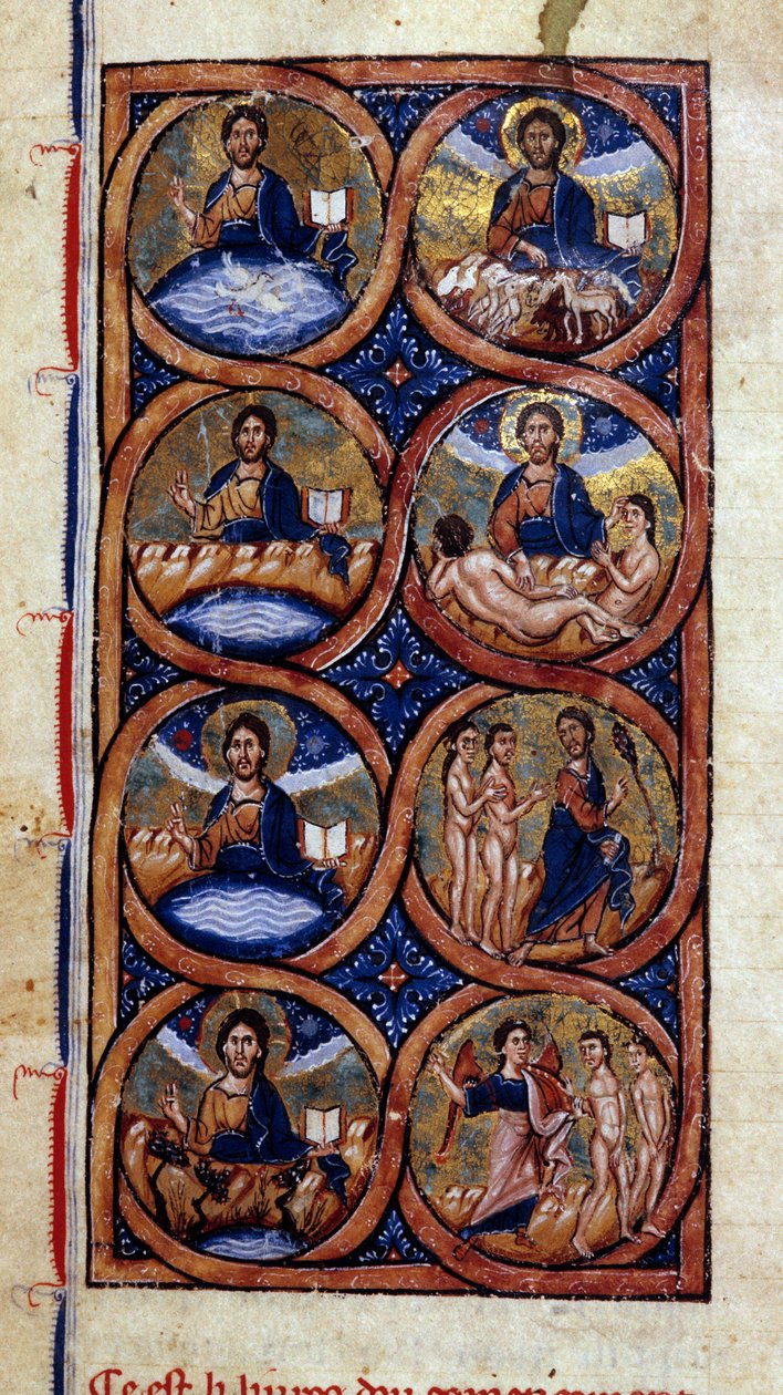 Genesis: weergave van de verschillende stadia van wereldcreatie (kosmogonie). Miniatuur uit een manuscript 