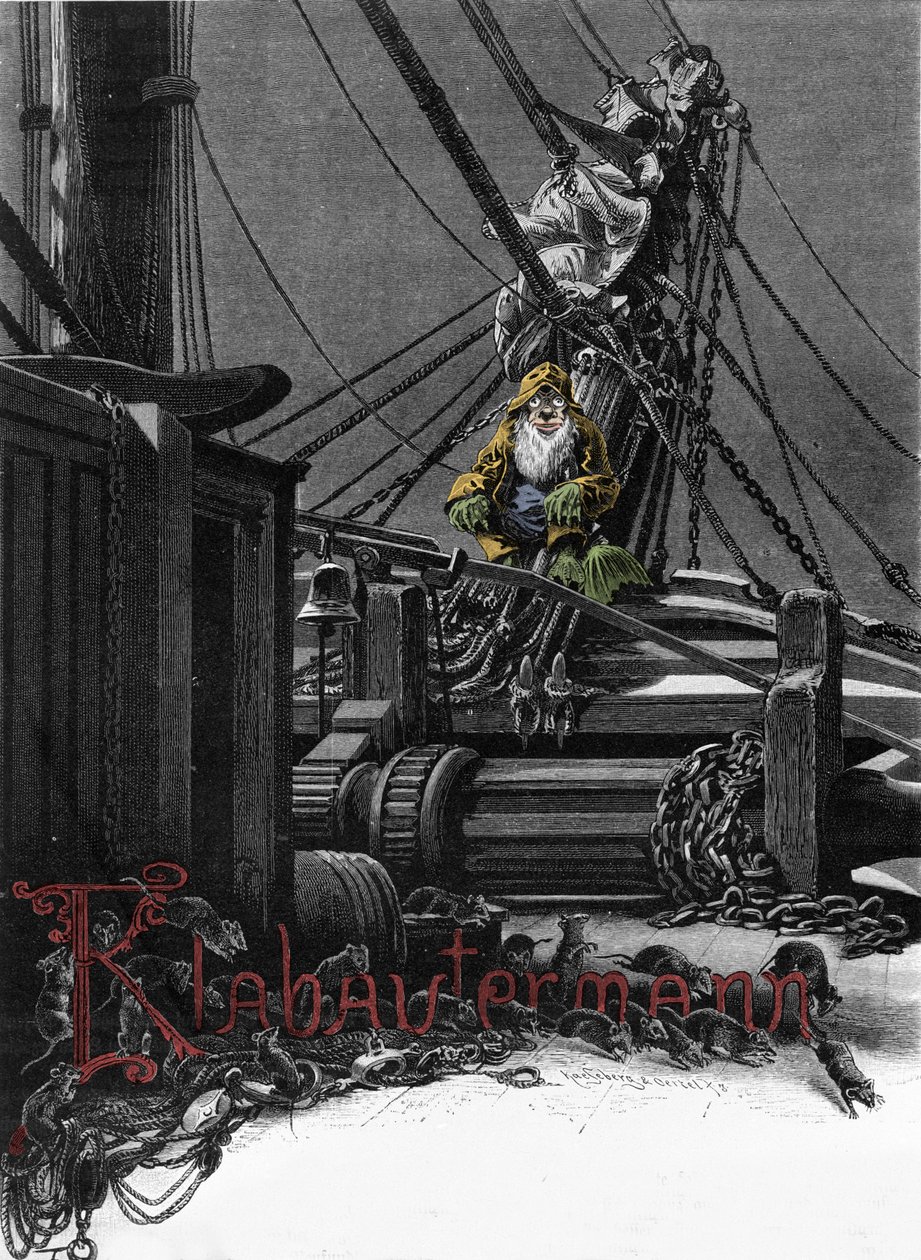 Germaanse mythologie: representatie van een Klabautermann op het dek van een schip, een elf beschermer van schepen op zee. Gravure uit de 19e eeuw door Unknown artist