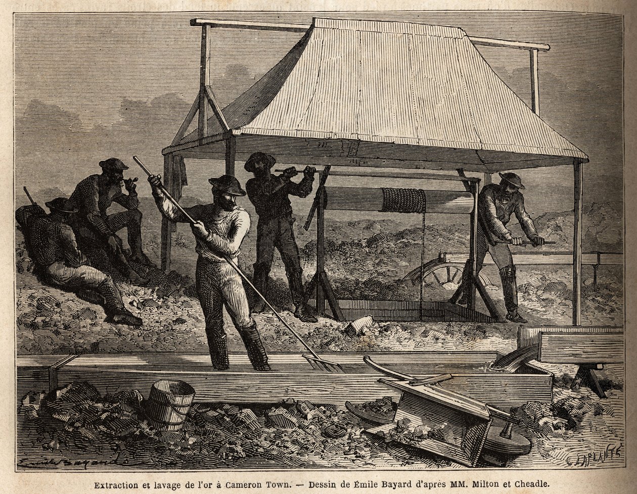 Goudwinning en wassen in een claim in Cameron Town (British Columbia, Canada), het district is het rijkste gouddepot in de regio, goud wordt ondergronds gewonnen door holle putten, waaruit emmers 