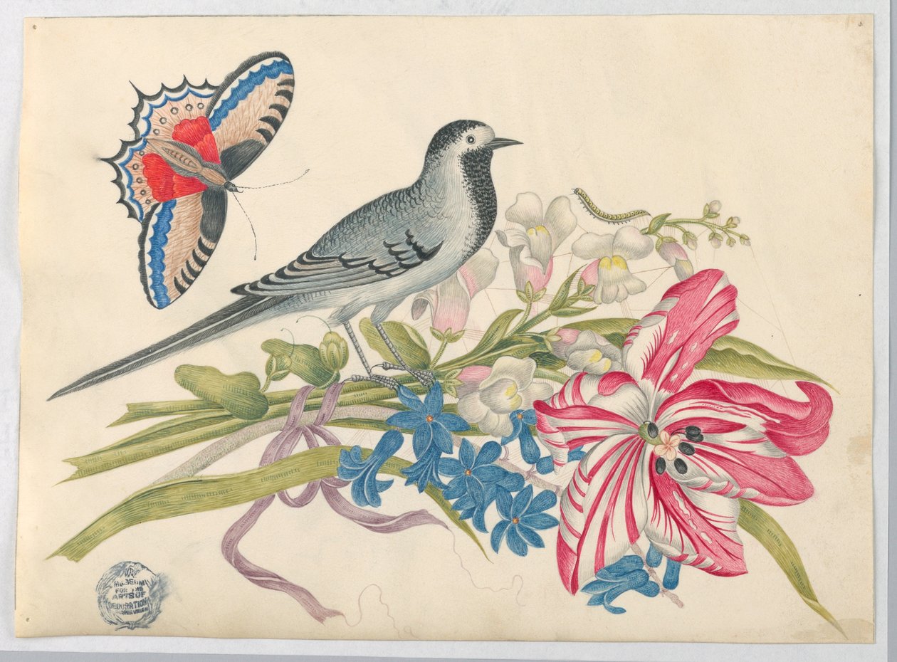 Grijze vogel op tak met tulp, leeuwenbek en vergeet-me-nietjes met vlinder door Unknown artist