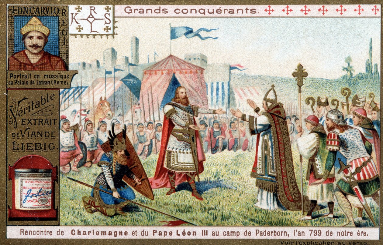 Grote veroveraars: portret van Karel de Grote (742 of 747-814) en zijn ontmoeting met paus Leo III (750-816) in het kamp van Paderborn (Duitsland), in 799 - Liebig chromolithografie door Unknown artist