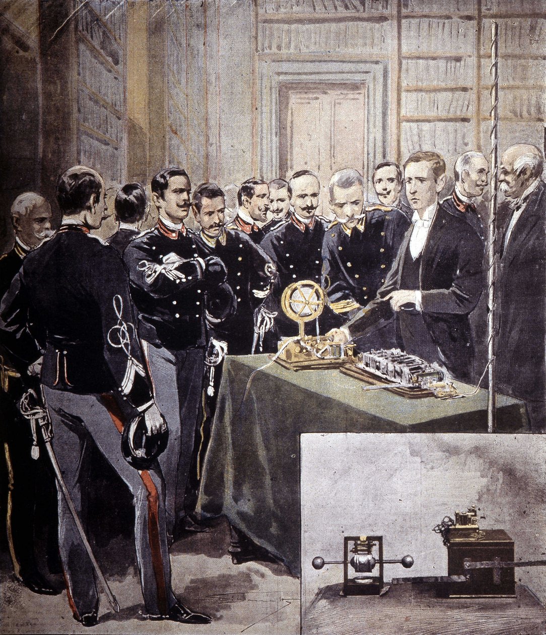 Guglielmo Marconi presenteerde de draadloze telegrafie (TSF) op een conferentie bij het Ministerie van Marine in 1897. door Unknown artist