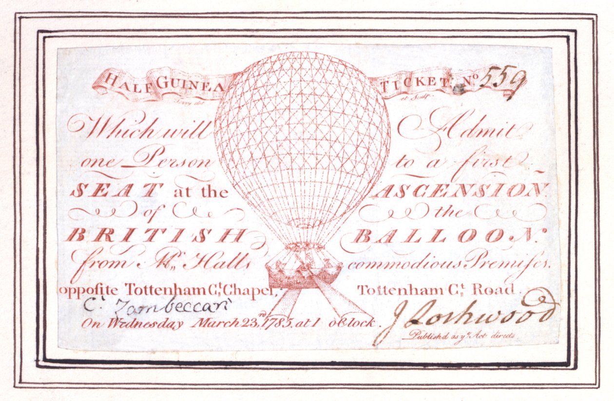 Half guinea ticket voor ballonvaart op Tottenham Court Road, Londen, 23 maart 1785 door Unknown artist