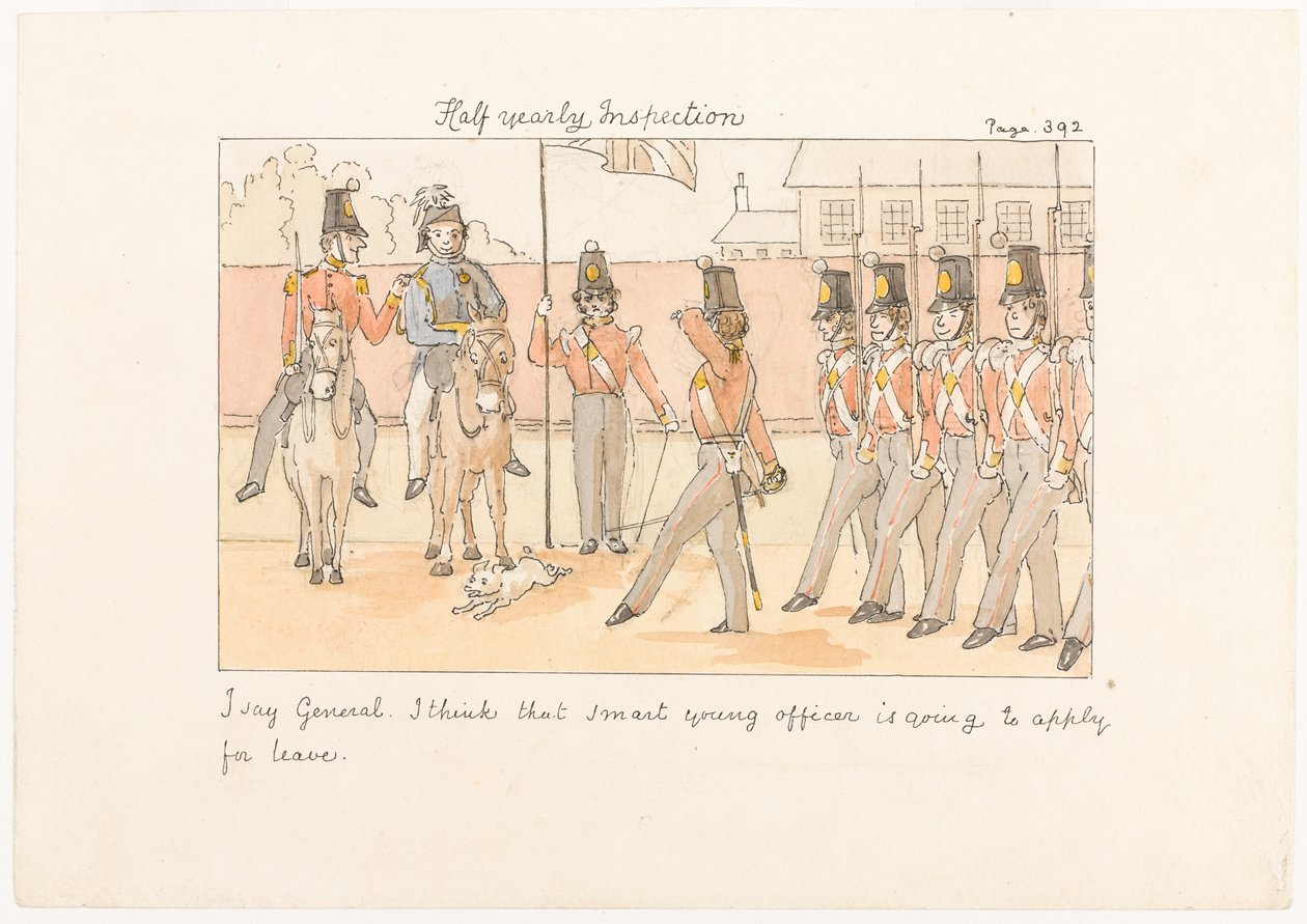 Halfjaarlijkse inspectie, uit Scenes of life in an Infantry Regiment door Unknown artist