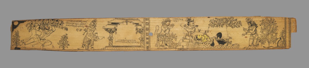Hanuman Brengt de Berg van Geneeskrachtige Planten; Rama Haalt de Pijl uit Lakshmana terwijl Hanuman en een Beer Hem Voorbereiden om te Behandelen (recto), uit een Romantiek van Chandrabhanu en Lavanyavati van Upendra Bhanja (Indiaas, overleden 1740) door Unknown artist