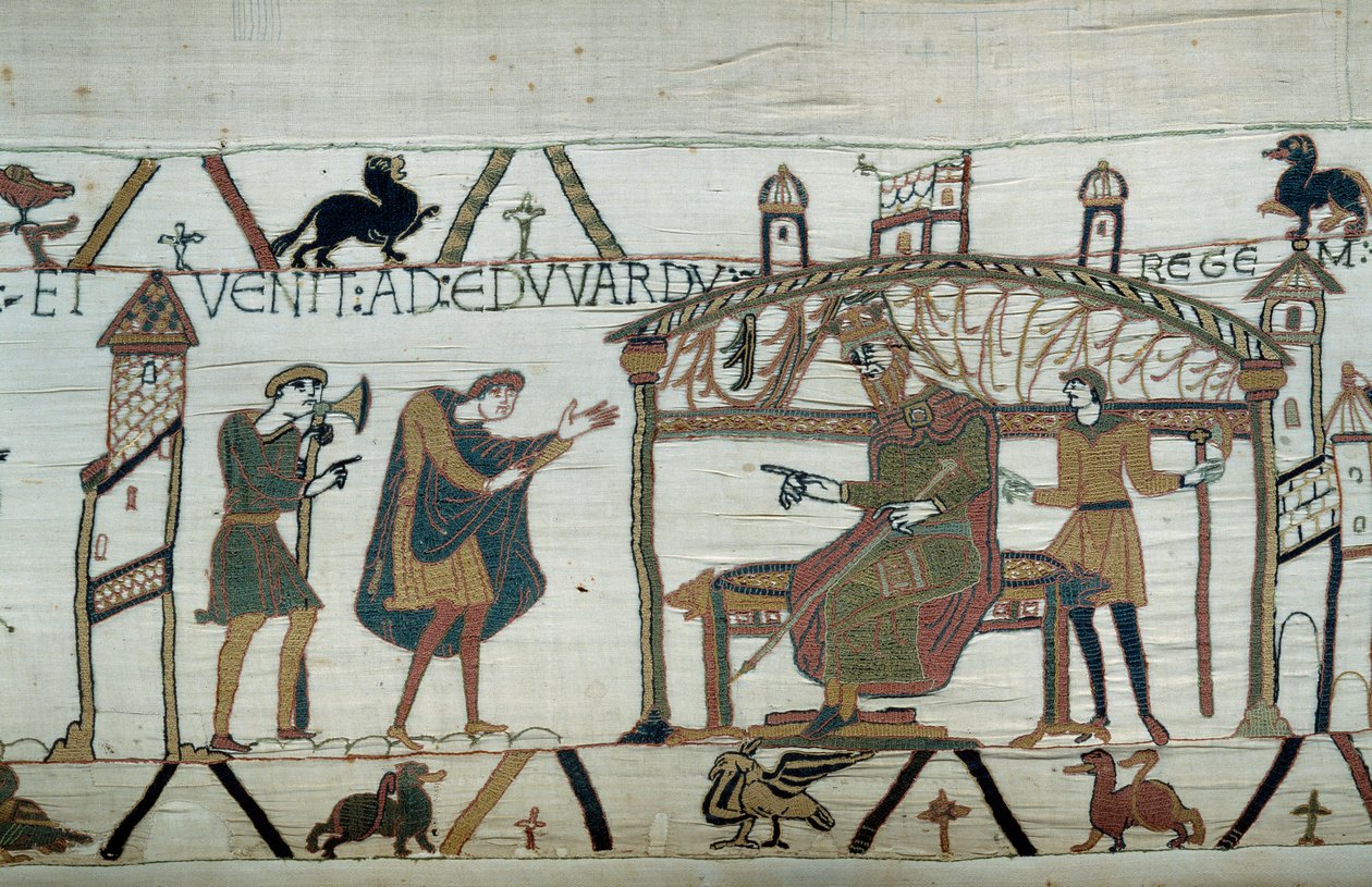 Harold, die terugkeerde naar Engeland na zijn ambassade bij hertog Willem de Veroveraar (1027-1087), vertelt zijn reis aan koning Edward de Belijder (detail van het Tapijt van Bayeux) door Unknown artist