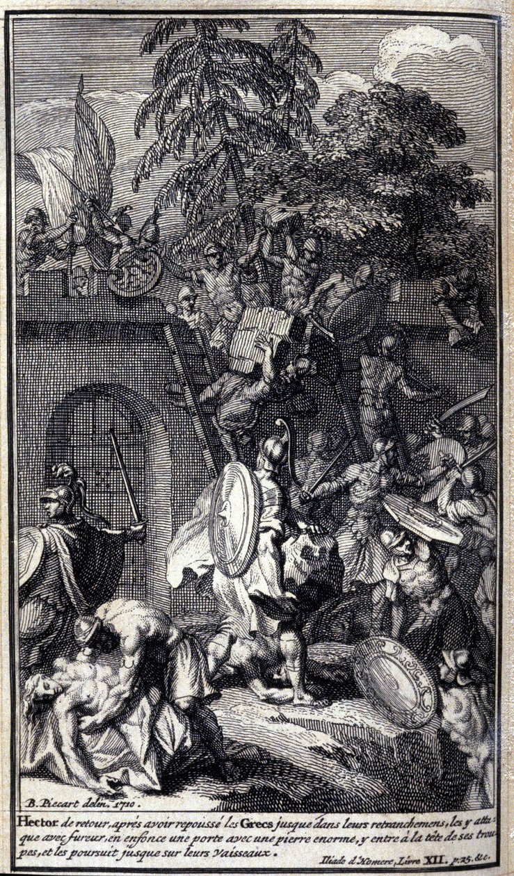 Hector, terug na het terugdringen van de Grieken naar hun verschansingen, valt hen woedend aan, breekt een deur met een enorme steen, betreedt deze aan het hoofd van zijn troepen en achtervolgt hen tot hun schepen. Illustratie van boek XII van de Ilias van door Unknown artist