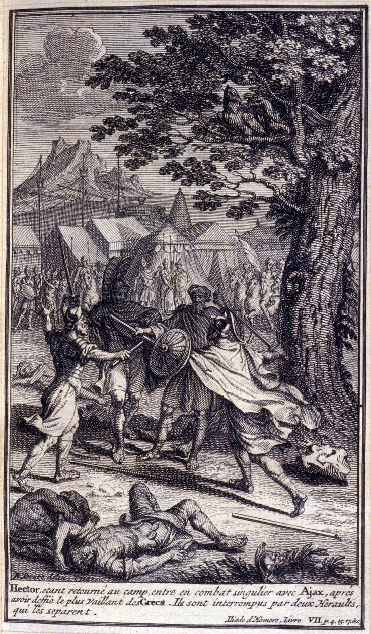Hector, terugkerend naar het kamp, gaat een enkelgevecht aan met Ajax, na de dapperste van de Grieken te hebben uitgedaagd. Ze worden onderbroken door twee herauten die hen scheiden. Illustratie van boek VII van de Ilias van Homeros, Franse editie door Unknown artist