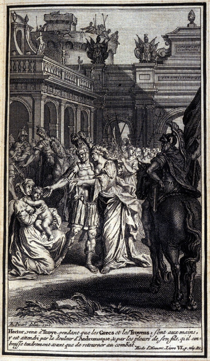 Hector, die naar Troje kwam terwijl de Grieken en de Trojanen in hun handen waren, werd getroffen door het verdriet van Andromache en door het huilen van zijn zoon, die hij teder kuste voordat hij terugkeerde naar de strijd. Illustratie van boek VI van de  door Unknown artist