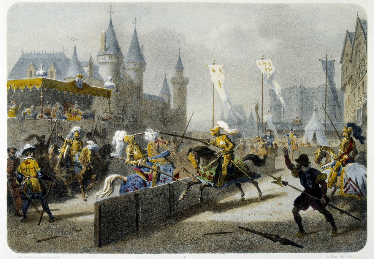 Hendrik II (1519 - 1559) stierf in een toernooi op 27 juni 1559 - lithografie door Unknown artist