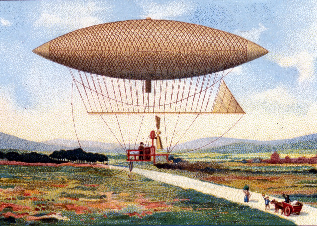 Luchtschip van Henry Giffard (1825 - 1882). 1851. chromolithografie uit de late 19e eeuw. door Unknown artist