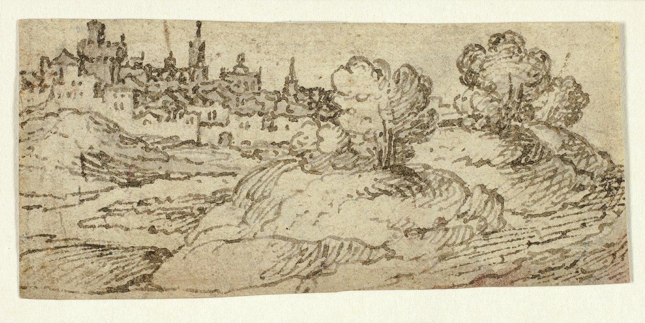 Heuvelstad met Bomen op de Voorgrond door Unknown artist