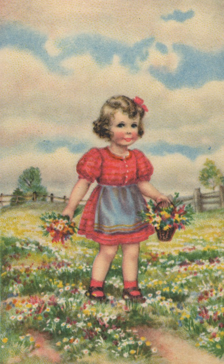 Historische ansichtkaart met een gelukkig meisje op de weide, wenskaart door Unknown artist