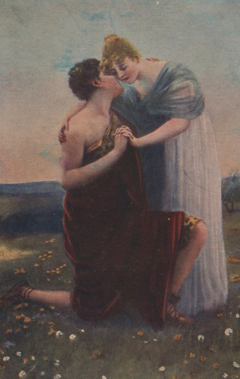 Historische wenskaart met historisch motief, vrouw en krijger uit de Middeleeuwen door Unknown artist