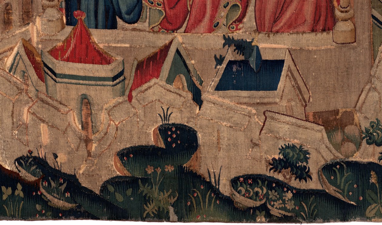 Geschiedenis van Sint Piat en Sint Eleuthère, Scene 9 Sint-Eleuthère wordt bevestigd als bisschop van Doornik. Detail midden onder. De stadsmuren, huizen door Unknown artist