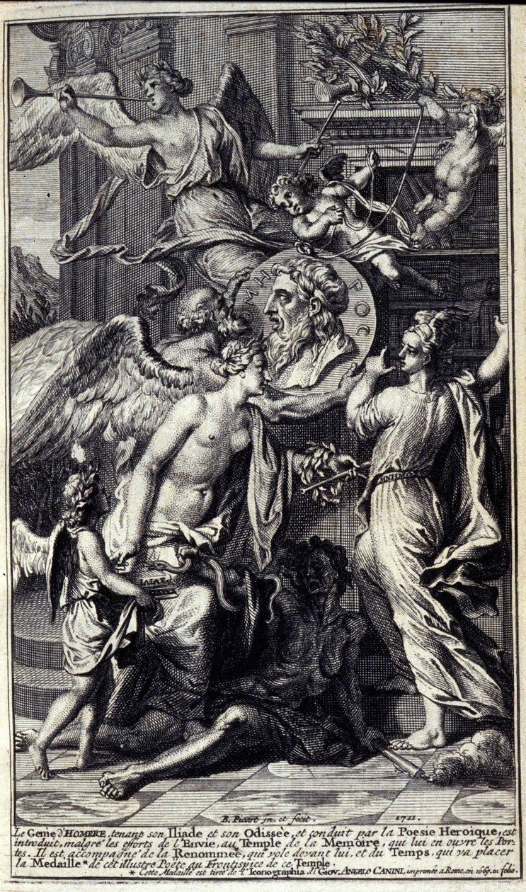 De geest van Homerus, die zijn Ilias en zijn Odyssee vasthoudt en geleid door heroïsche poëzie, wordt ondanks de inspanningen van de Afgunst geïntroduceerd in de tempel van herinnering, die zijn deuren opent. Hij wordt vergezeld door de Roem die voor hem u door Unknown artist