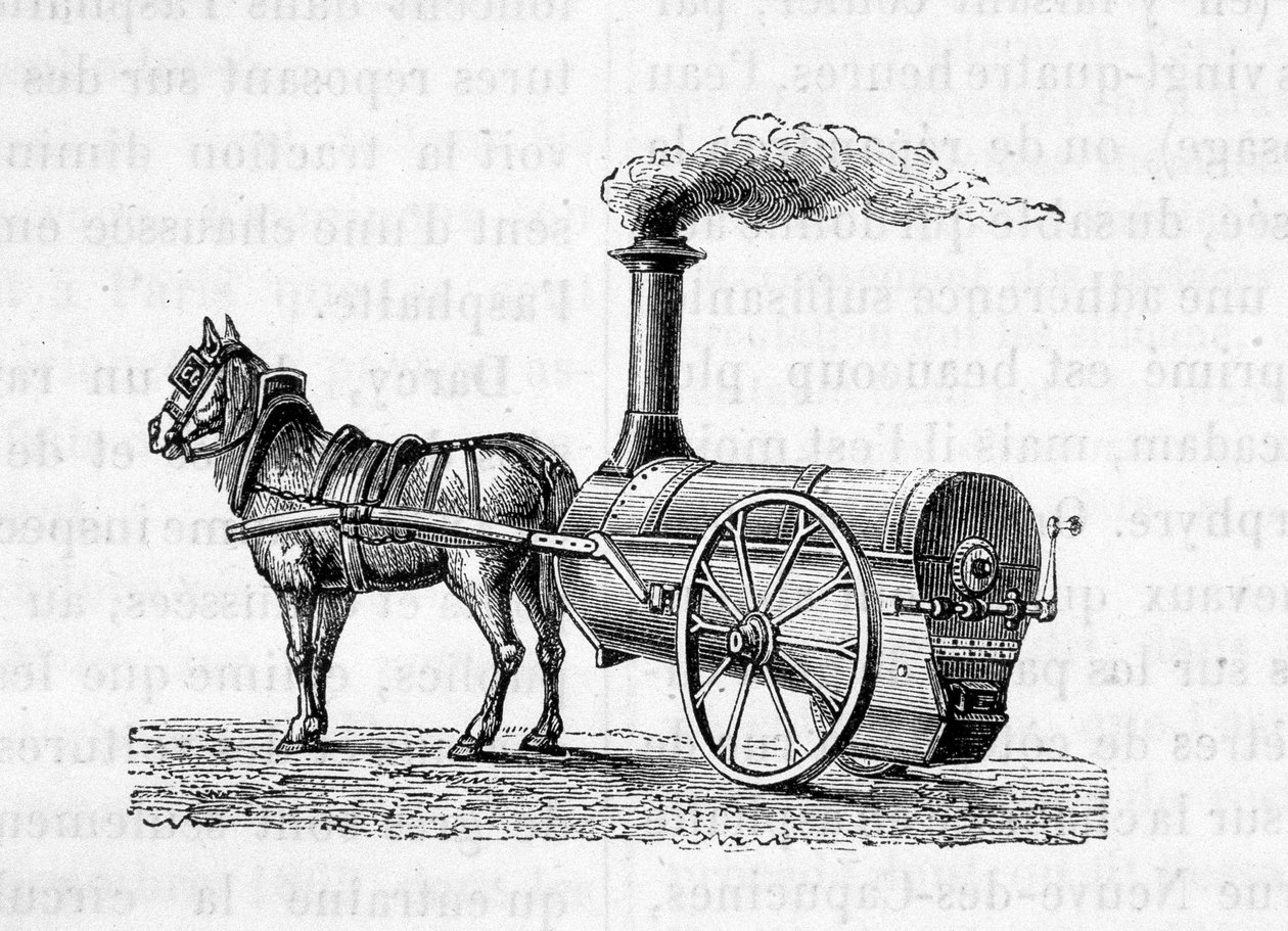 Paard trekt een stoommachine - in The Wonders of Industry door Figuier door Unknown artist
