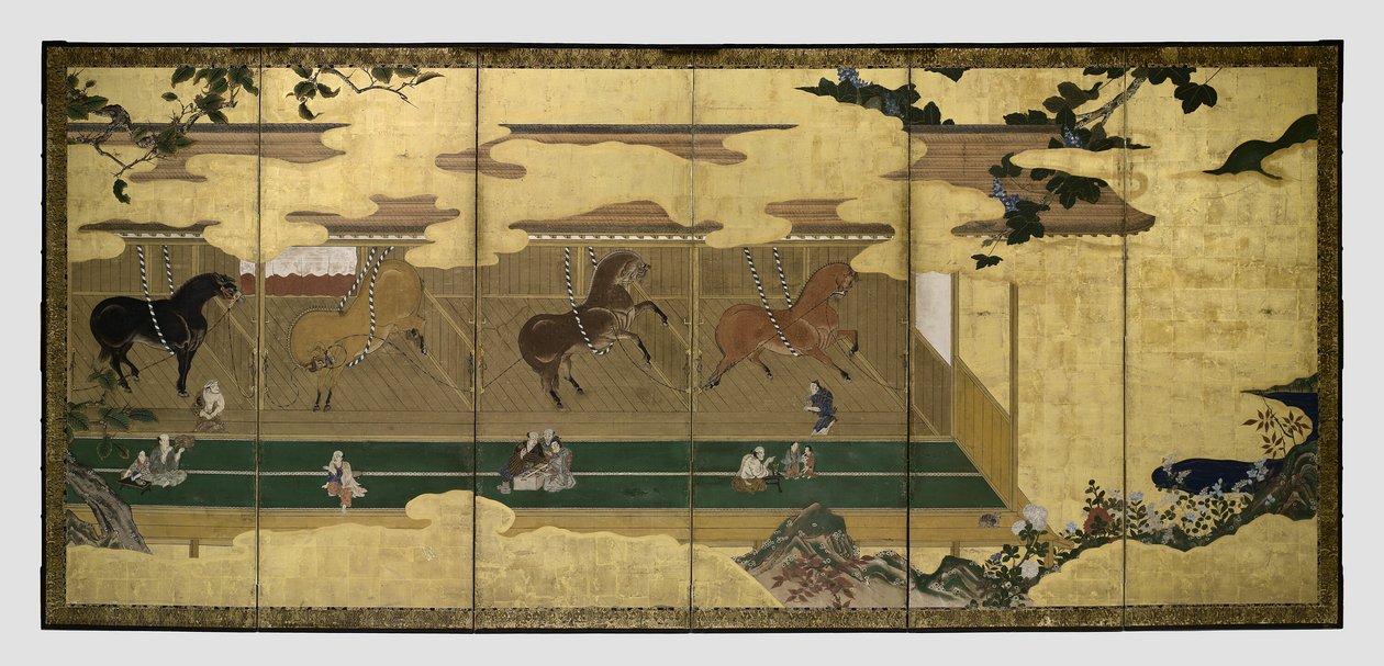 Paarden in stallen (Umaya-zu byobu) door Unknown artist