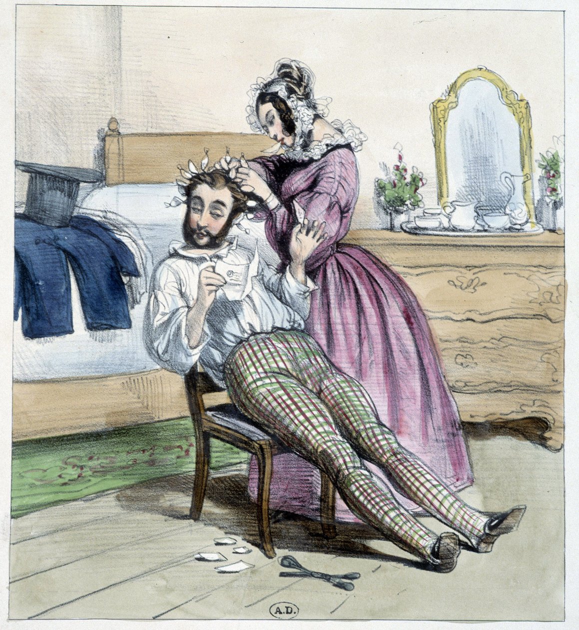 Humoristische tekening over de ontrouw van een dandy met de brief van zijn verloofde - tekening door Unknown artist