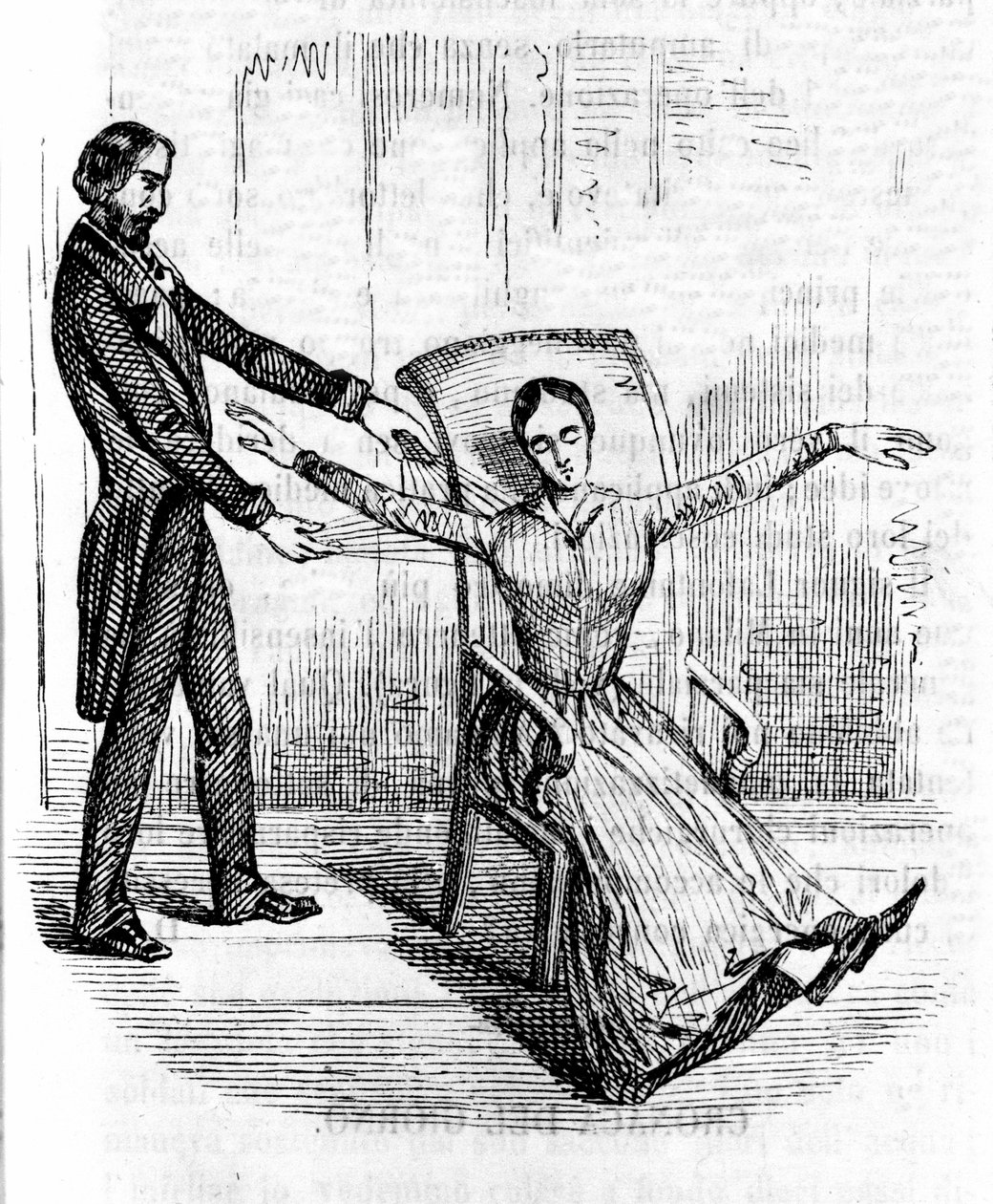 Hypnose: een man die hypnose beoefent op een kataleptische vrouw. door Unknown artist