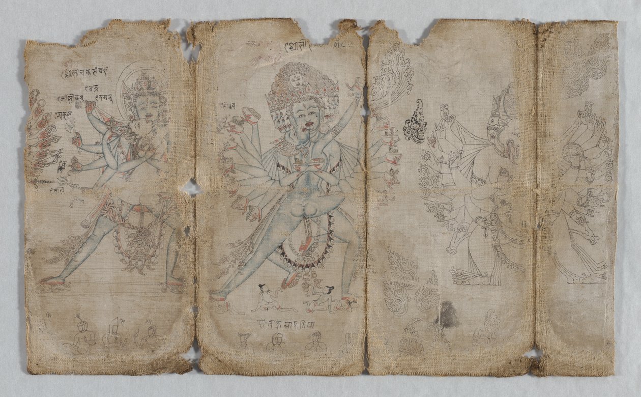 Iconografische tekeningen: Chakrashamvara met Vajravarahi, Hevajra met Nairatmya, en Yamantaka (verso) door Unknown artist