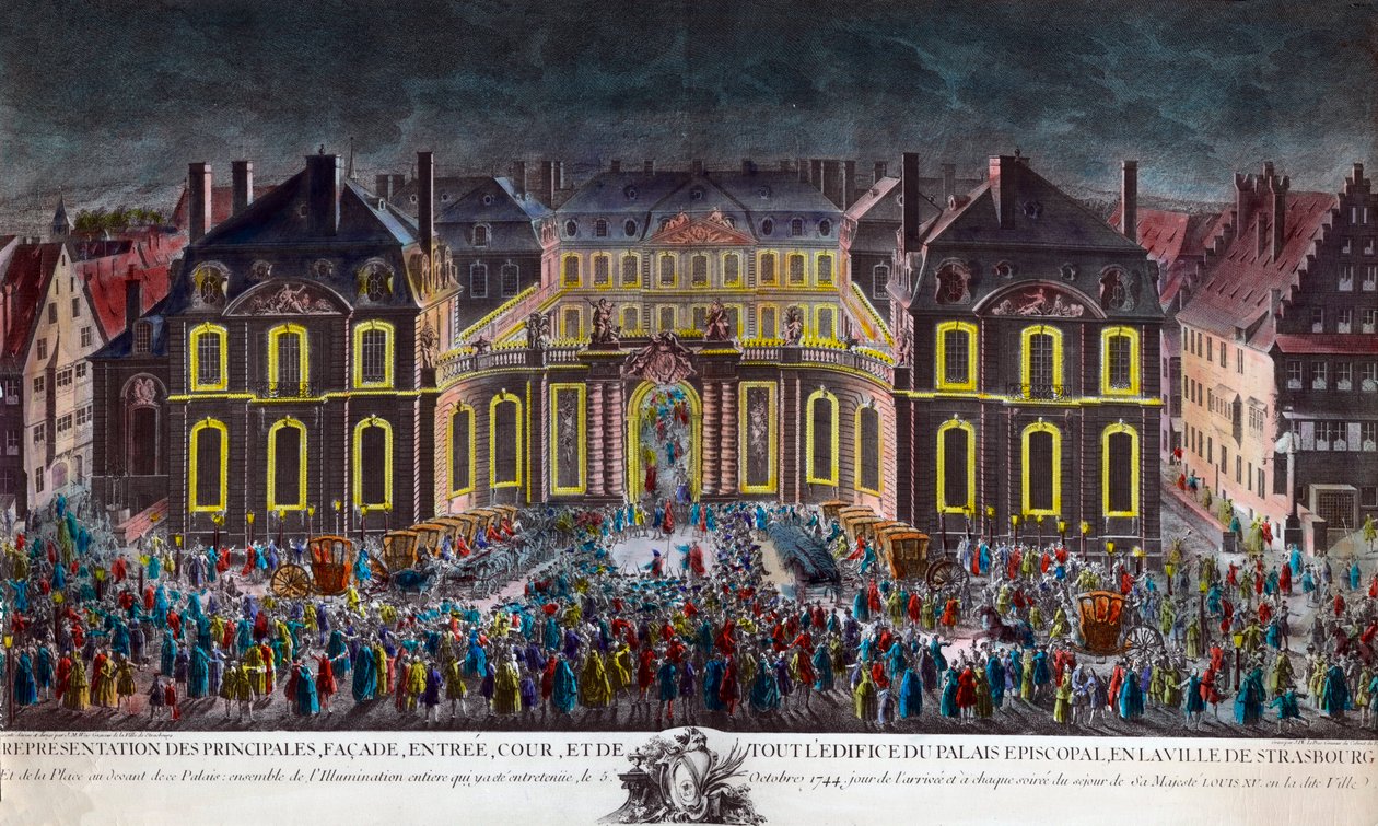 Verlichting van het bisschoppelijk paleis van de stad Straatsburg tijdens de vieringen gegeven door de stad tijdens het verblijf van koning Lodewijk XV (1710-1774) in herstel na een ernstige ziekte op 5/10/1744 door Unknown artist