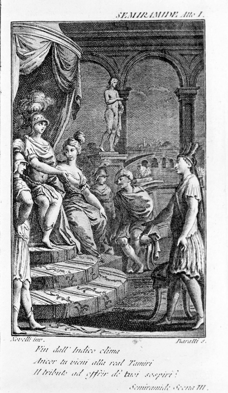 Illustratie van Sémiramis, opera door Antonio Salieri (1750 - 1825). Libretto door Pierre Metastase (of Pietro Metastasio). Act I, sc. III. door Unknown artist