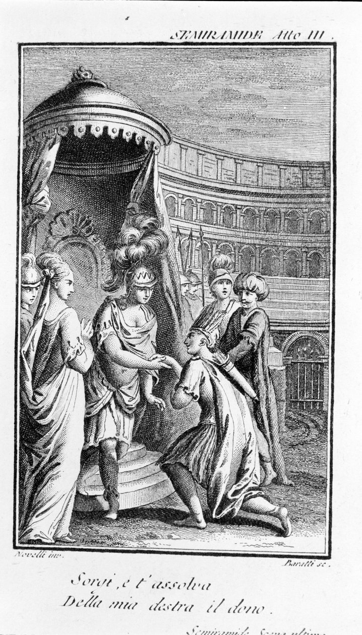 Illustratie van Sémiramis, opera door Antonio Salieri (1750 - 1825). Libretto door Pierre Metastase (of Pietro Metastasio). Act III, laatste scène. door Unknown artist